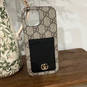 Gucci Beige Monogram iPhone Case with Black Card Pocket and Gold GG